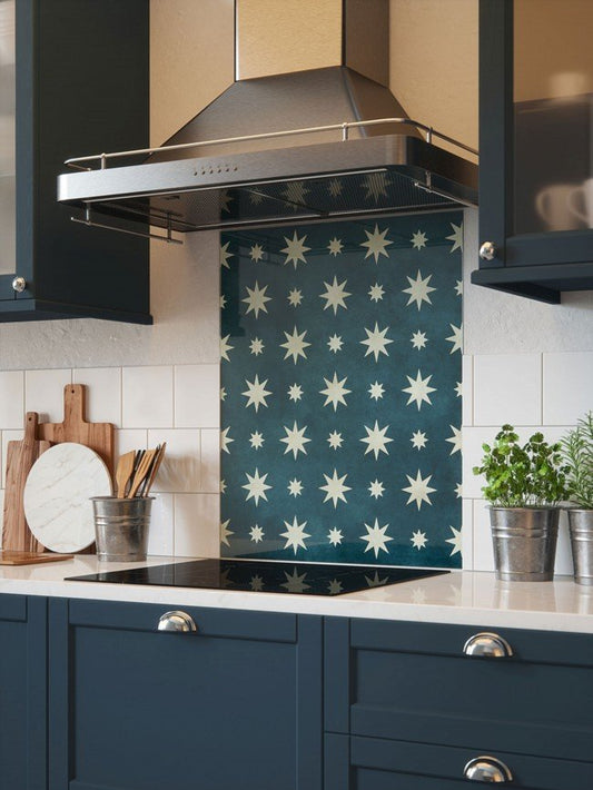 A lifestyle Image of House Beautiful Jasper indigo Self-adhesive Glass Splashback