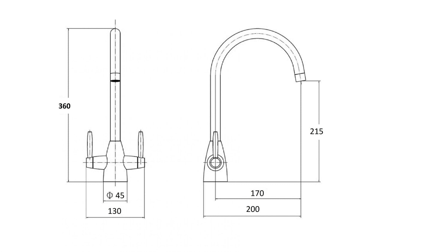 Close up imag eof a tech drawing of a twin lever kitchen tap