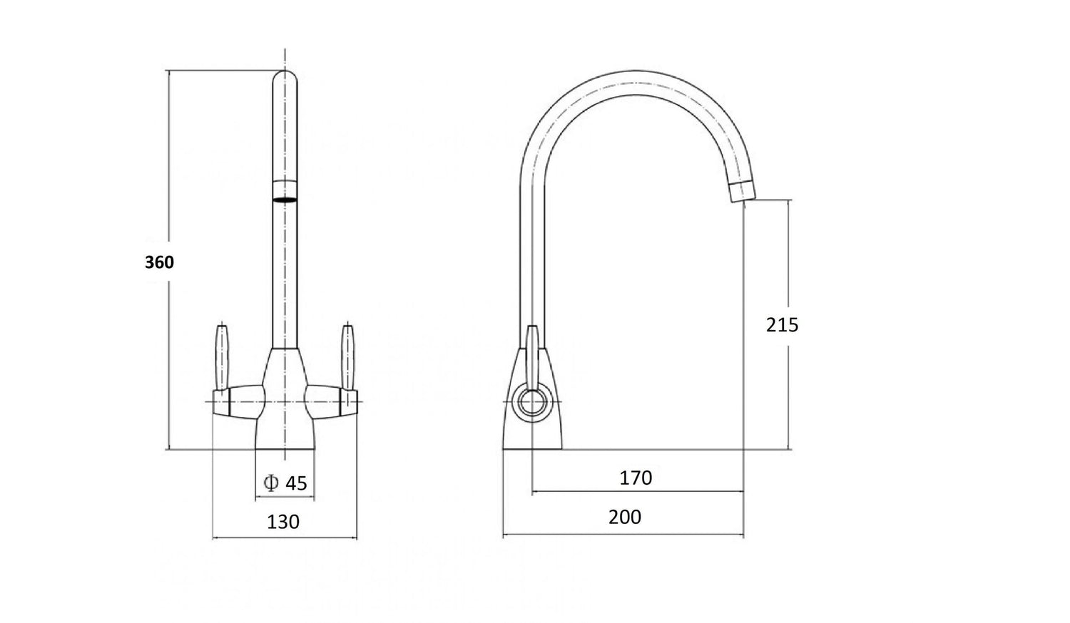 Close up imag eof a tech drawing of a twin lever kitchen tap